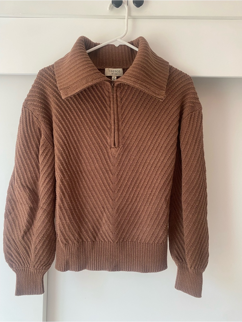 Cozy Brown Ribbed Half-Zip Turtleneck Sweater